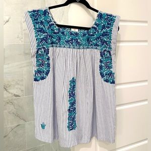 J. Marie Blue and White Stripe Floral Embroidered Top